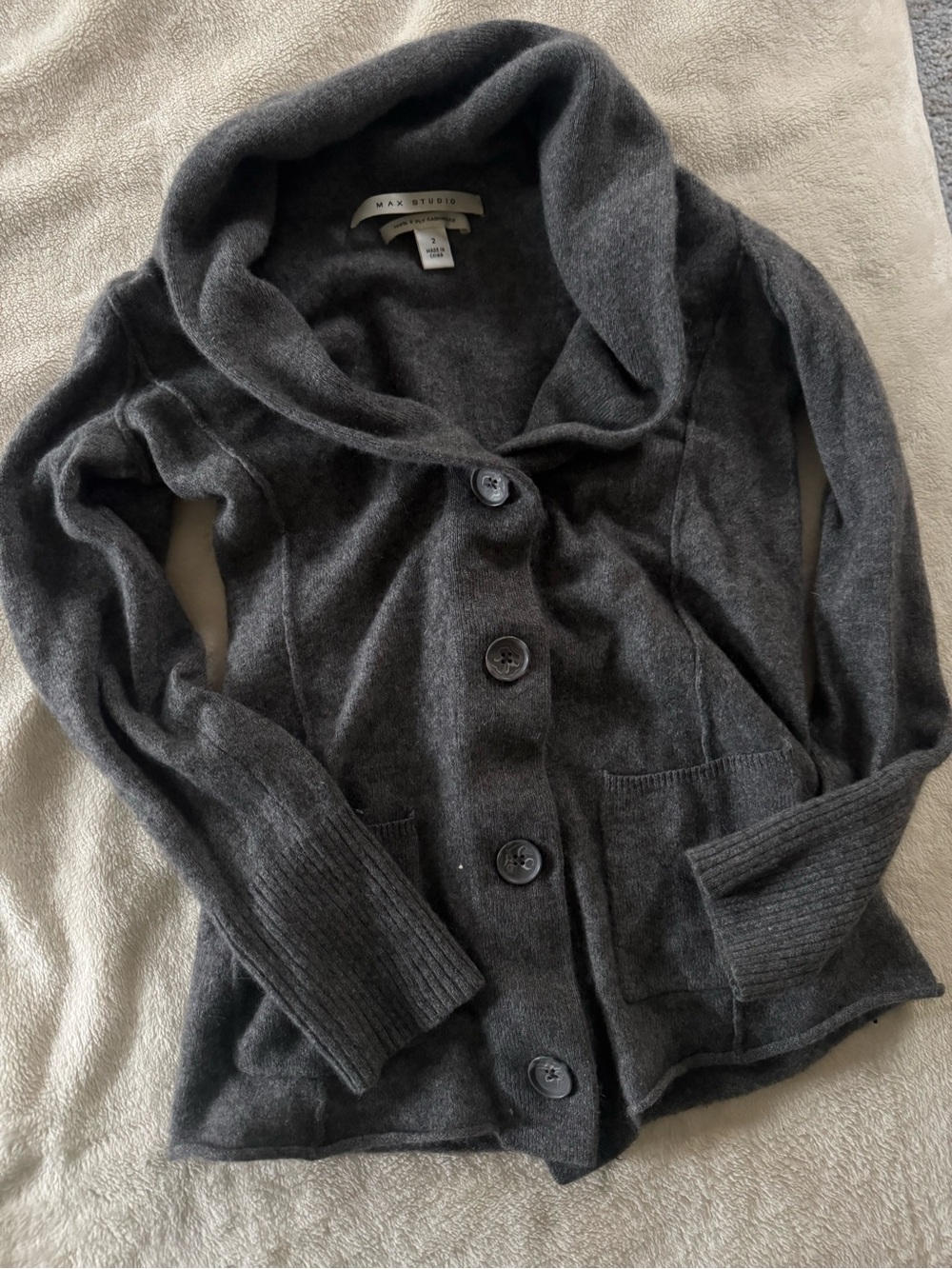 Max Studio Dark Charcoal Shawl Collar Button Sweater